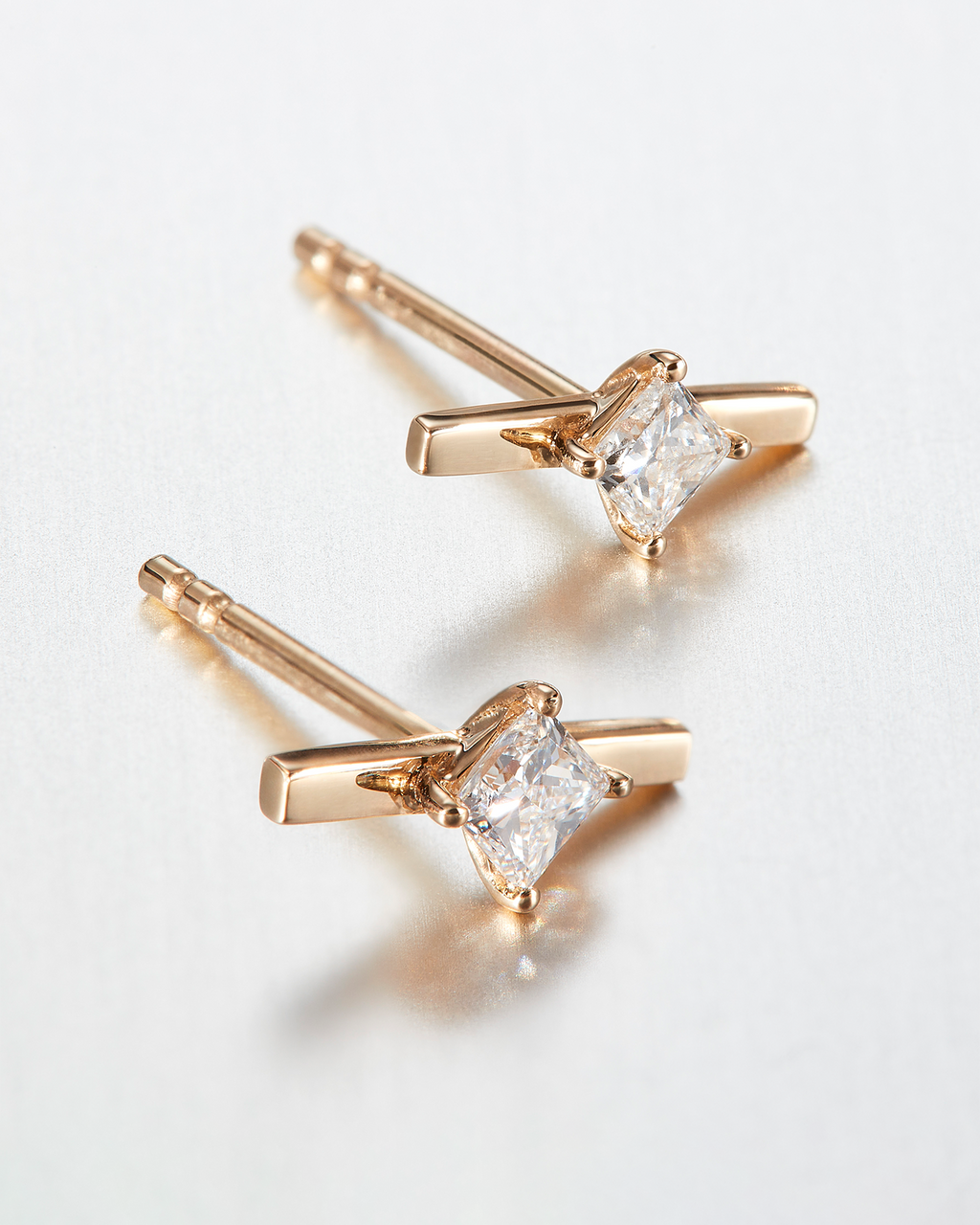 10K Princess Cut Diamond Bar Stud Earrings